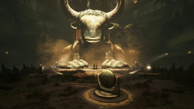 A scene from the game 'Resonance: A Plague Tale Legacy' shows two characters standing before a massive statue of a horned creature.