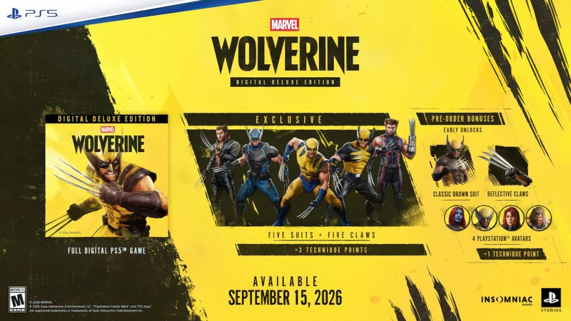 The promotional image for the PlayStation 5 game Marvel Wolverine Digital Deluxe Edition features exclusive in-game content including 'Five Suits + Five Claws' and pre-order bonuses like 'Classic Brown Suit,' 'Reflective Claws,' and custom avatars, with availability on September 15, 2026.