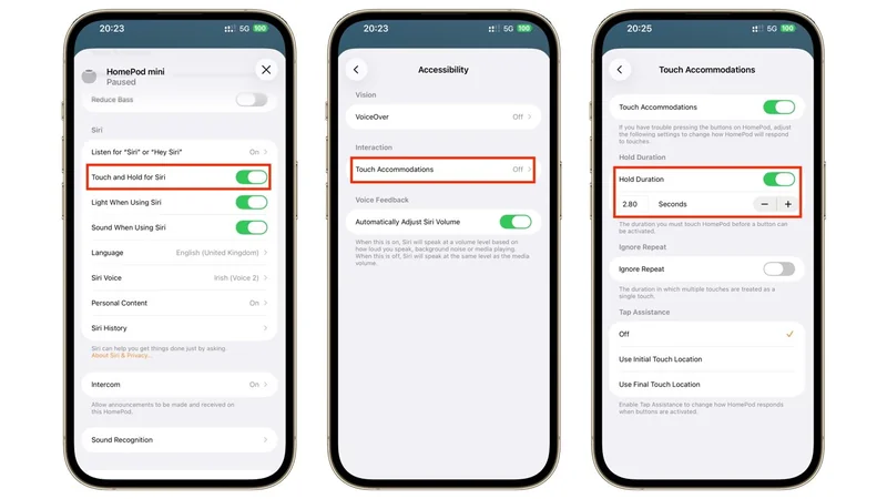Three smartphone screens display iOS Accessibility settings, highlighting Touch and Hold for Siri and Touch Accommodations options, including Hold Duration enabled and set to two seconds for easier touch control