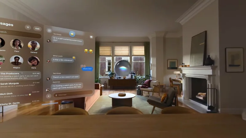 Bright, modern living room with fireplace and large windows, overlaid with semi-transparent virtual chat and messaging panels floating in front, suggesting mixed reality or augmented reality interface