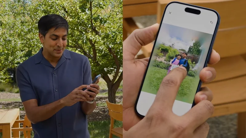 Man standing outdoors using a smartphone, alongside a close-up of hands zooming into a family photo on the phone screen, with wooden chairs and green trees in the background