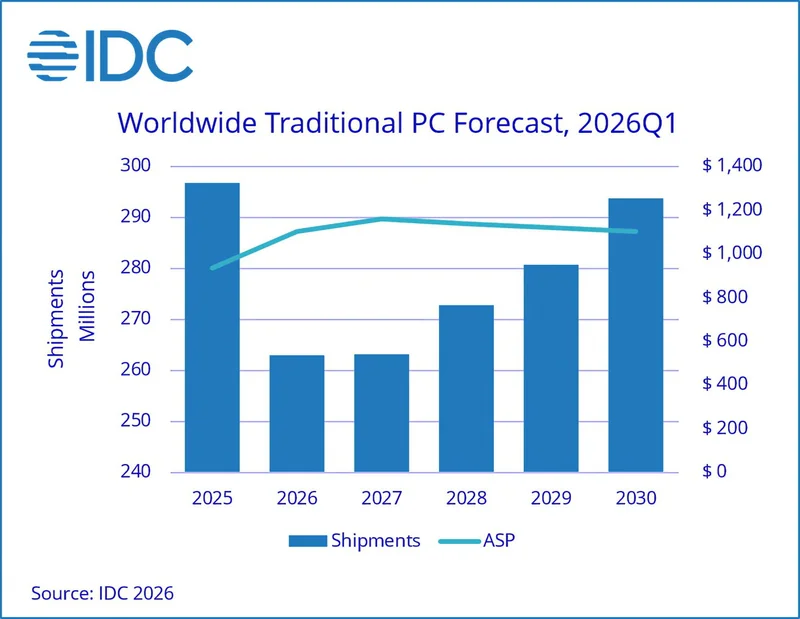 Bar and line chart titled Worldwide Traditional PC Forecast, 2026Q1, showing PC shipments dipping in 2027 then rising through 2030, while average selling price slightly increases then gradually declines.