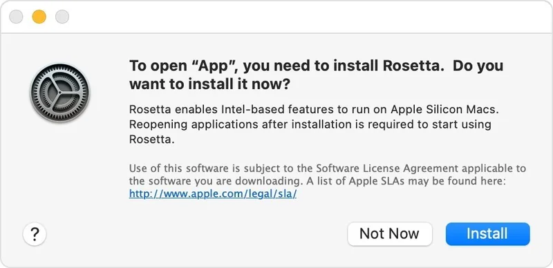 Mac dialog box prompting installation of Rosetta to open an app on Apple Silicon, explaining compatibility, with options Not Now and Install, plus a help icon and Rosetta logo on the left