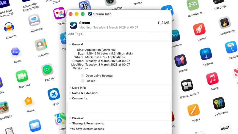 Mac desktop showing the Steam application info window centered over a blurred grid of colorful app icons, detailing file size, kind, location, creation and modification dates