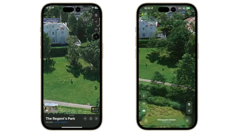 Two smartphones displaying aerial map views of a large green park with trees and nearby buildings, showing map controls and labels at the bottom of each screen
