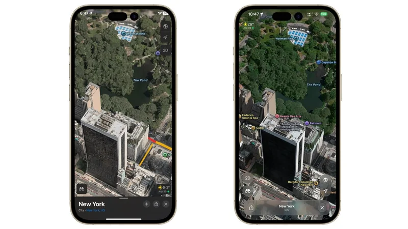 Two smartphones display 3D satellite maps of New York City skyscrapers next to Central Park, showing detailed buildings, streets, and greenery from an aerial perspective