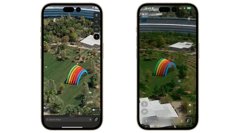 Two smartphones display a 3D map view of a park, each showing a large rainbow-colored arch structure on a green lawn surrounded by trees and nearby buildings.