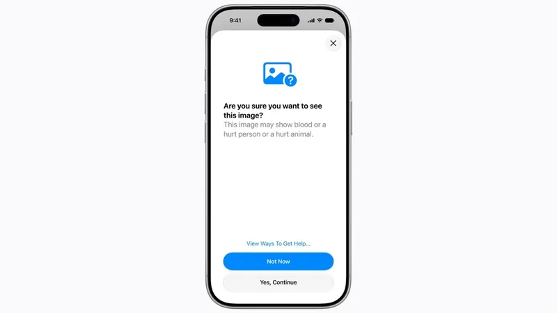 Smartphone screen showing a content warning dialog about potentially graphic media, with a small preview icon, explanatory text, and two large buttons labeled Not Now and Yes, Continue