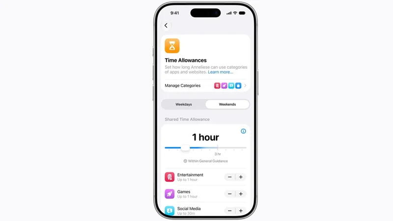 iPhone screen showing Screen Time Time Allowances settings, with a slider set to 1 hour and categorized app limits listed below for Entertainment, Games, Social Media, and other activities
