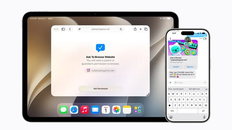 iPad and iPhone side by side; iPad shows a parental permission prompt in Safari, while iPhone displays a child requesting permission to browse a website through Messages