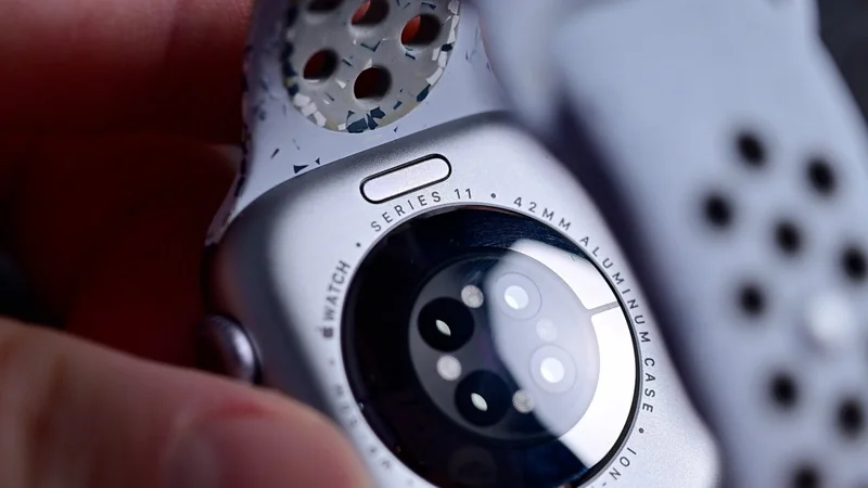 Close-up of the back of an Apple Watch Series 1 with circular sensors and text around the edge, attached to a perforated light-colored sports band held by a hand