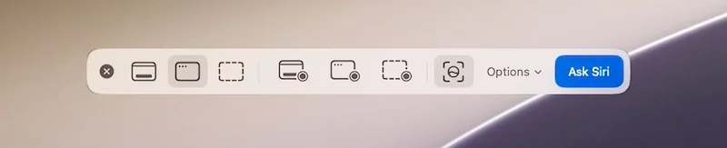 Mac screen toolbar showing six screen recording and screenshot icons, an Options dropdown, and a blue Ask Siri button on a soft beige and dark purple background