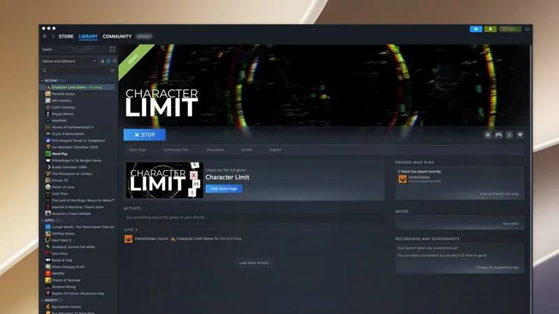 Steam desktop client window showing the Character Limit game page, with dark interface, game banner at top, community tabs, play button, and navigation sidebar listing various games on the left