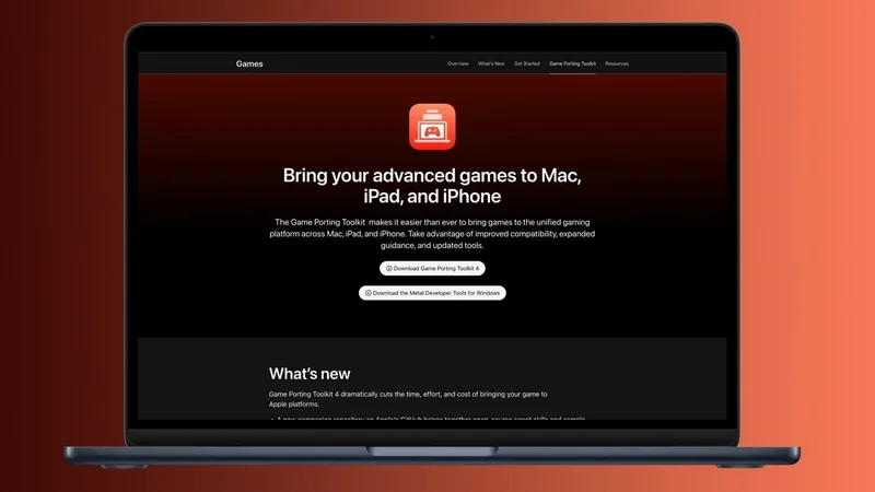 Open laptop on a red gradient background displaying Apple website promoting tools for bringing advanced games to Mac, iPad, and iPhone, with text sections and buttons centered on a dark screen