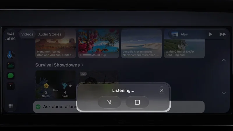 Dark car dashboard screen showing an infotainment interface with apps and video thumbnails, overlaid by a centered voice assistant popup that says Listening with microphone and stop controls