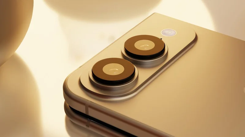 Close-up of a sleek gold render of an iPhone Fold featuring two raised rear camera lenses and a small flash, softly lit with warm golden reflections and blurred background shapes
