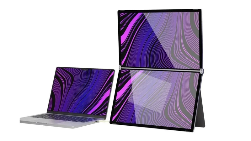 Laptop beside a dual stacked portable monitor displaying matching purple and pink abstract wave patterns, with the portable monitor propped on a stand in a clean white setting