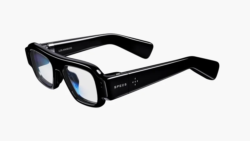 Black thick-framed smart glasses with slightly reflective lenses, chunky arms, and minimalist branding on the side, shown on a plain white background.