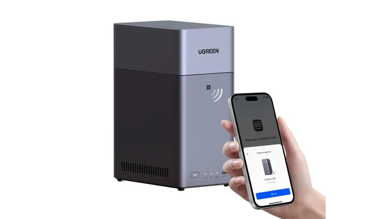 Tall gray UGREEN electronic device with wireless symbol on front, next to a hand holding a smartphone displaying a control app screen for connecting to the device