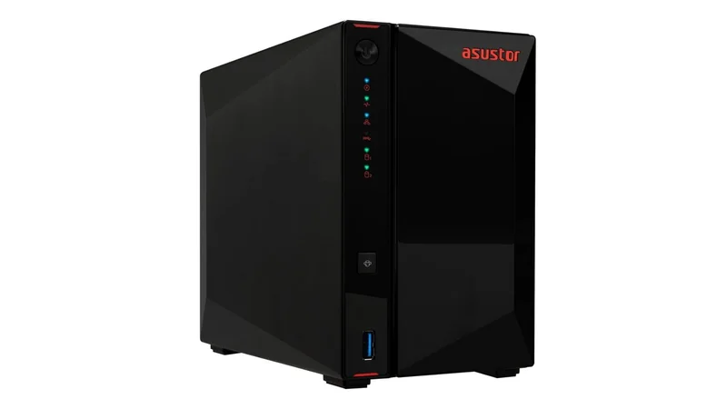 Black Asustor desktop network storage device with angular design, front status LEDs, power button, and single blue USB port, standing alone against a plain white background