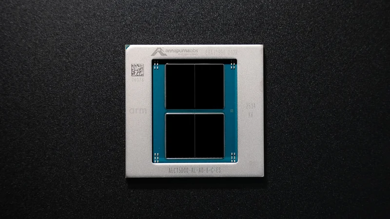 A close-up of an Annapurna Labs chip labeled ALC15D00 AL-A0-8-C-ES with the Arm logo on a textured black background.