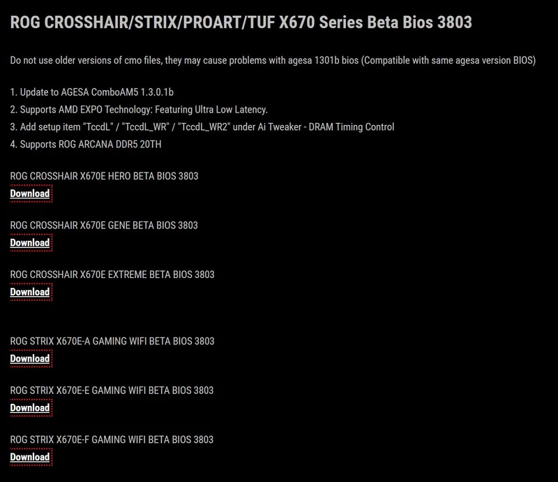 A list detailing 'ROG CROSSHAIR/STRIX/PROART/TUF X670 Series Beta Bios 3803' updates for several motherboard models with 'Download' buttons next to each model.