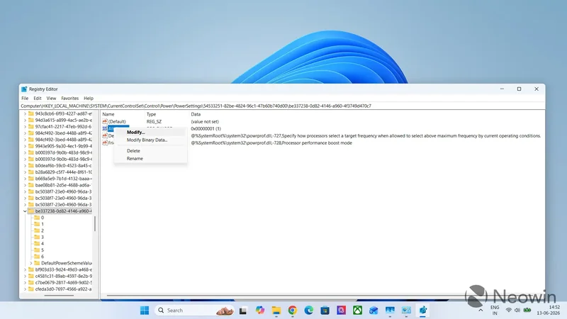 The Windows Registry Editor displays a menu with the 'Modify...' option highlighted for the entry under a specific PowerSettings hash, with details related to processor performance boost mode.