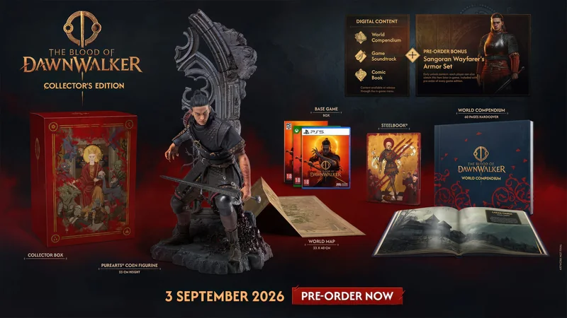 The image showcases The Blood of Dawnwalker Collector's Edition for pre-order, including a PureArts Coen figurine, a collector box, world map, hardcover world compendium, SteelBook, and digital content.