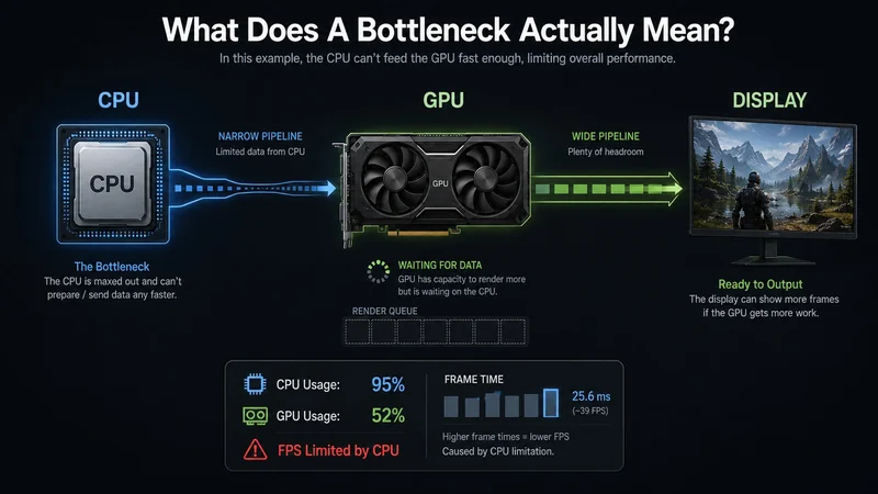 A diagram explains What Does A Bottleneck Actually Mean? showing a CPU causing a bottleneck with 95% usage, while the GPU is at 52% usage, leading to 'FPS Limited by CPU,' with frame time recorded at 25.6 ms (~39 FPS).