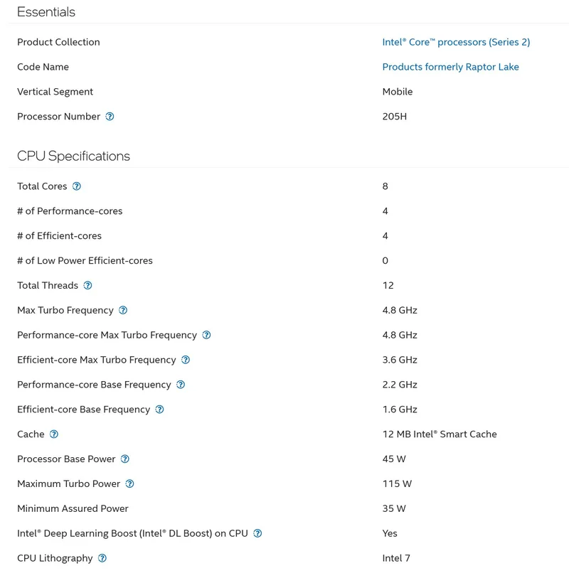 A screenshot displaying specifications for the Intel Core processor (Series 2) model 205H, featuring 8 cores, 12 threads, and a max turbo frequency of 4.8 GHz.
