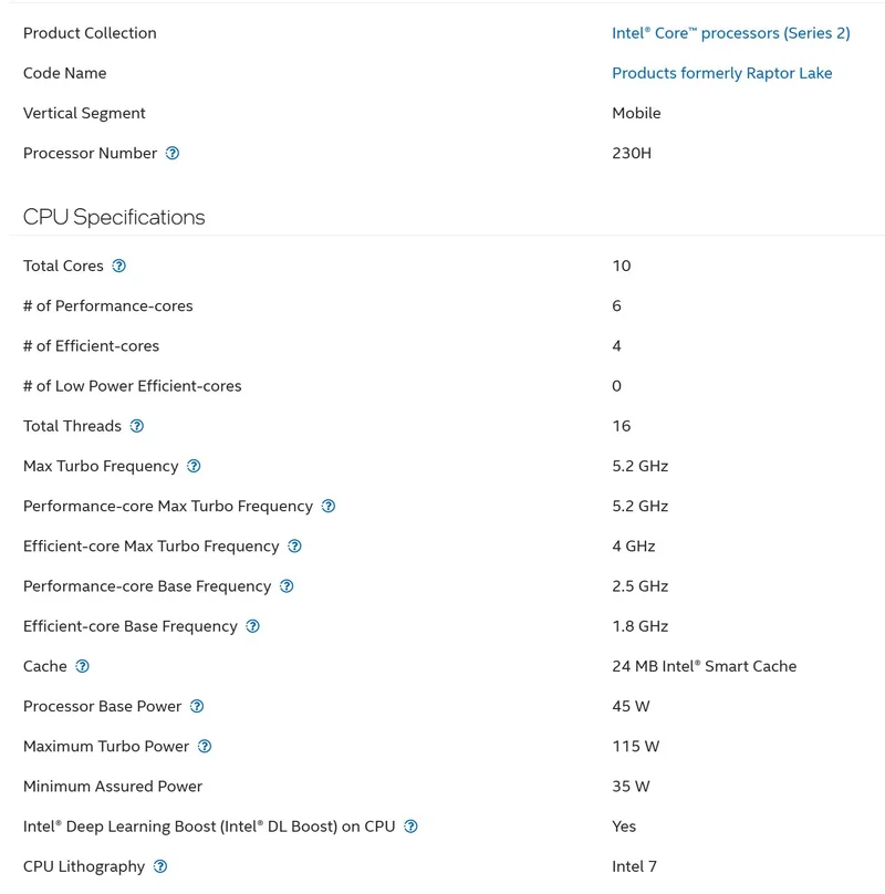 An Intel Core mobile processor, under the 'Products formerly Raptor Lake' series, features 10 cores (6 performance and 4 efficient), 16 threads, a max turbo frequency of 5.2 GHz, and 24 MB Intel Smart Cache.