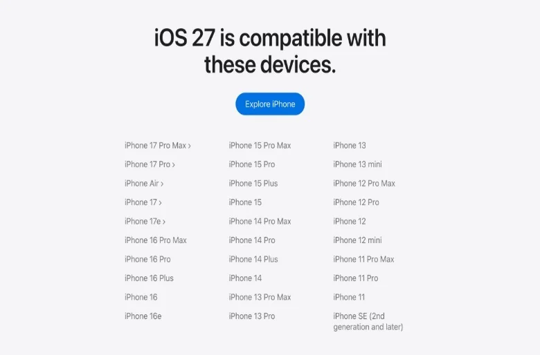 A list of iPhones that can run iOS 27.
