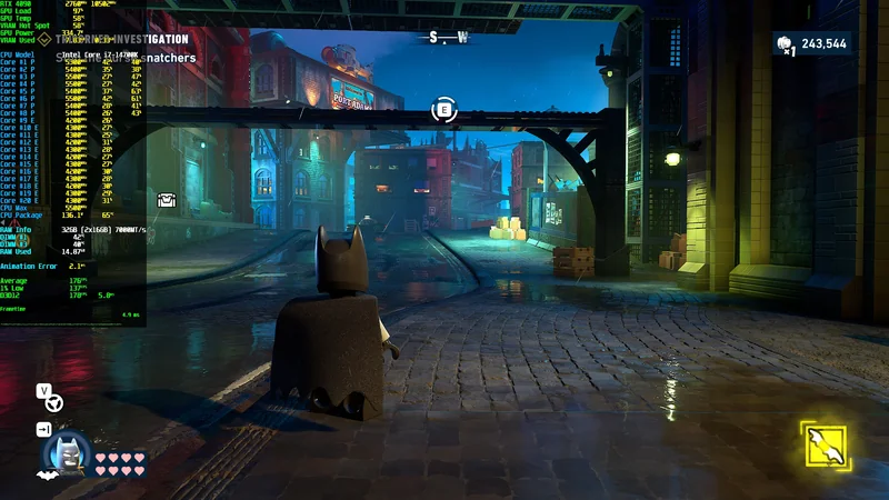 A character dressed as Batman explores a street in the game 'Lego Batman,' with a performance overlay displaying 'Intel Core i7-14700K' and various CPU metrics including temperatures and clock speeds on the left.