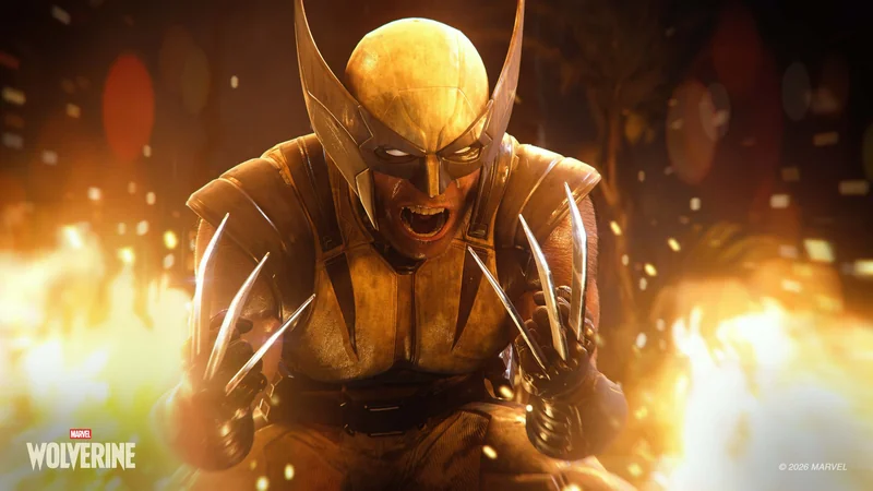 A digital rendering of Wolverine, from Marvel, crouching with claws extended amidst fiery sparks and dramatic lighting.