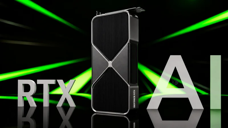 The GeForce RTX graphics card is displayed between large letters 'RTX' and 'AI' with green light beams in the background.