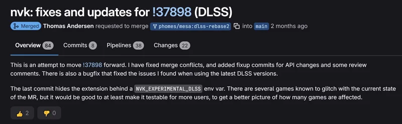 GitLab interface showing a merged update titled 'nvk: fixes and updates for !37898 (DLSS)' with details regarding merge conflicts, bug fixes, and API changes by Thomas Andersen.