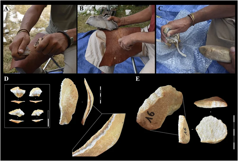 top: 3 photos of a person holding a stone in one hand and a rhino tooth in the other; bottom: photos of stone tools