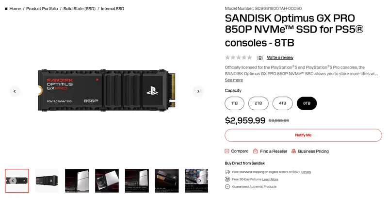 The SanDisk Optimus GX PRO 850P NVMe SSD for PS5 consoles is shown with a capacity of 8TB and priced at $2,959.99.