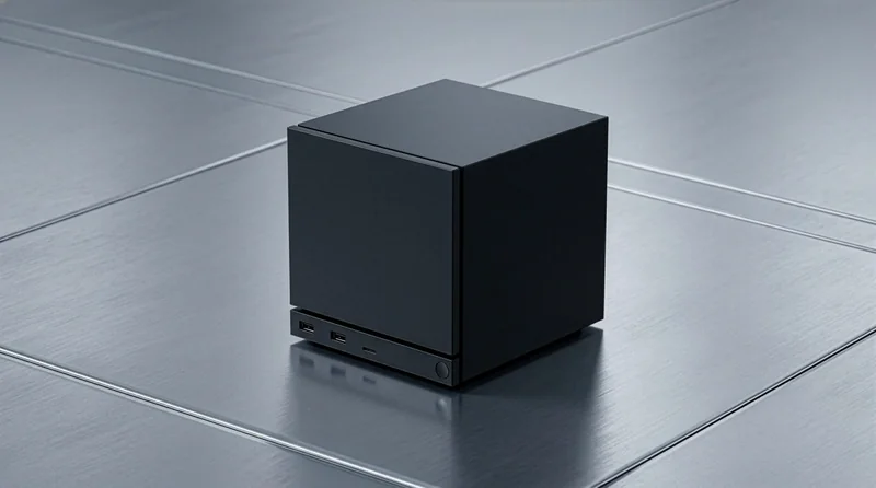 A Steam Machine device with multiple ports is placed on a metallic surface.