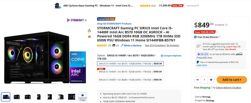 A STORMCRAFT gaming PC with Intel Core i5-14400F, Intel Arc B570, and 16GB DDR4 RGB 3200MHz RAM is listed for $849.99 on Newegg, featuring a colorful illuminated case and pricing details.
