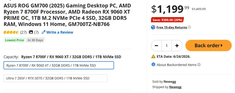 An ASUS ROG GM700 (2025) gaming desktop PC is listed on Newegg for $1,199.99, featuring an AMD Ryzen 7 8700F processor, AMD Radeon RX 9060 XT PRIME OC graphics, 32GB DDR5 RAM, and a 1TB M.2 NVMe PCIe 4 SSD with an ETA date of June 24, 2026.