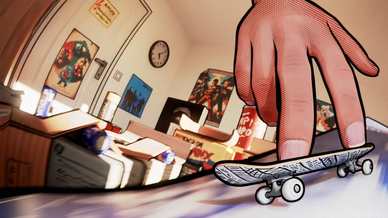 A stylized hand maneuvers a finger skateboard across a cluttered desk in a room with various posters, including one labeled 'Taco on Speed.'