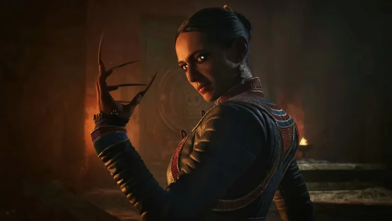 A character with glowing eyes and claw-like nails stands in a dimly lit room, wearing ornate armor in The Blood of Dawnwalker.