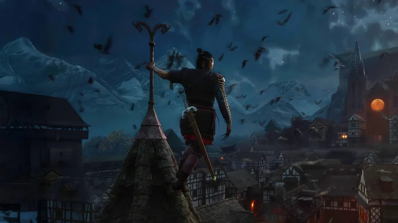 A character in ornate armor stands atop a building, holding a sword and facing a night sky filled with mountains, birds, and medieval houses from a scene in a video game.
