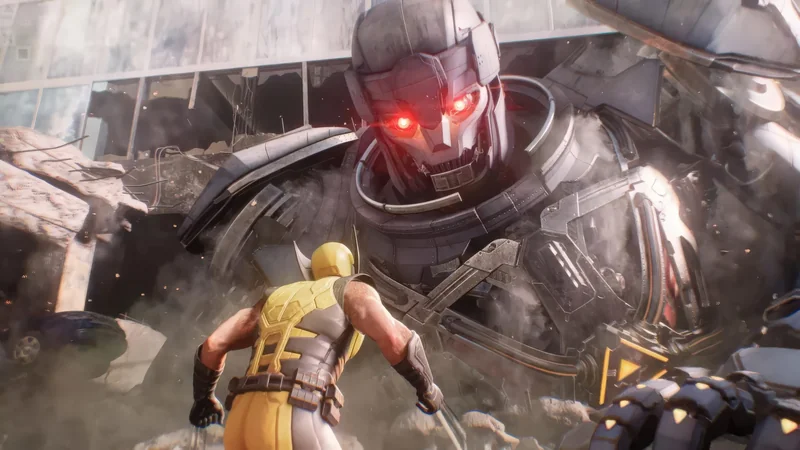 A yellow-clad character confronts a giant robotic sentinel with glowing red eyes amidst a destroyed cityscape.