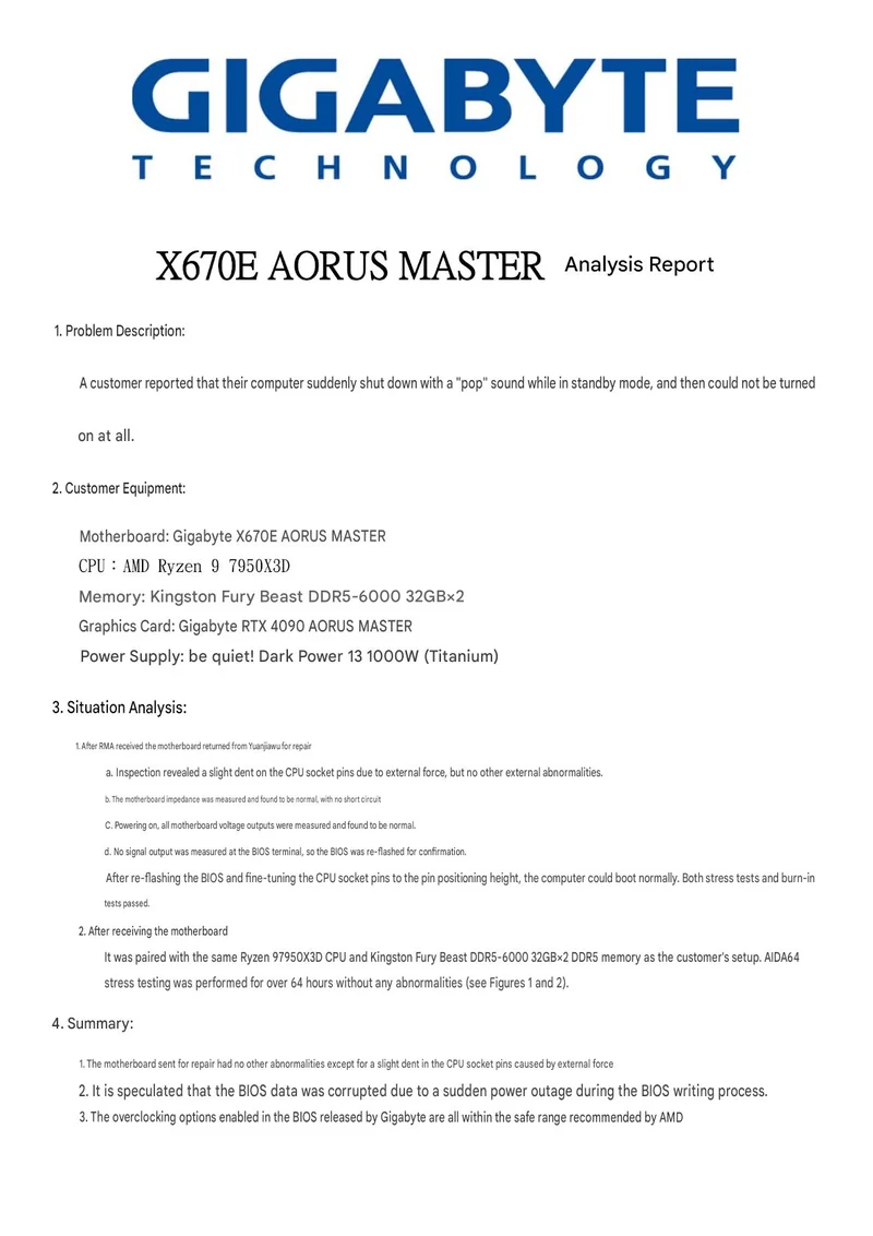 A report titled 'X670E AORUS MASTER Analysis Report' from Gigabyte details a customer's issue with a sudden shutdown due to a dent in the CPU socket pins and BIOS corruption during the writing process.