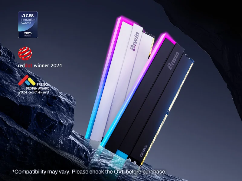 Colorful iGame DDR5 memory modules with RGB lighting and 'Colorful' branding, alongside award badges for 'red dot winner 2024' and 'French Design Award 2024 Gold Award'.