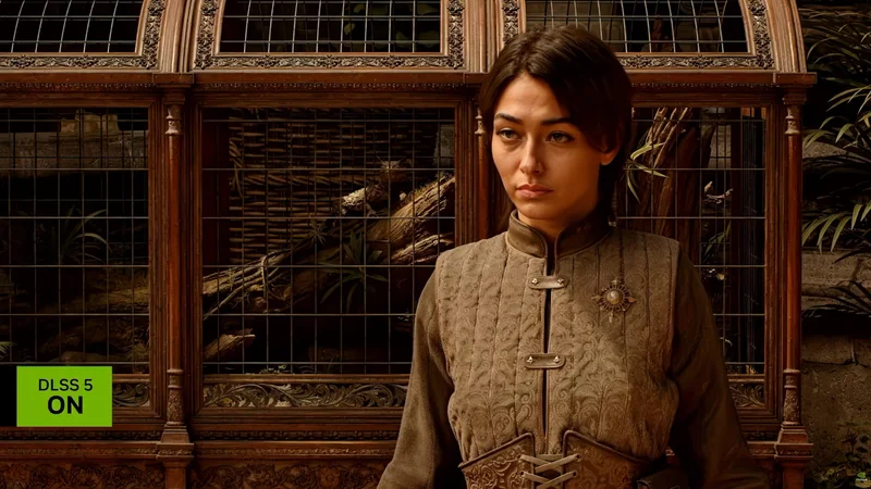 A character in an ornate setting with a wooden backdrop, displaying the on-screen text 'DLSS 5 ON'.