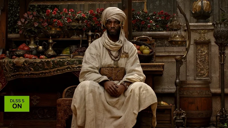A man in traditional attire sits surrounded by ornate decor and fruits with 'DLSS 5 ON' displayed in the corner.