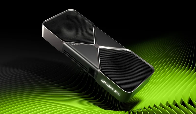 NVIDIA GeForce RTX 5090 graphics card displayed on a green and black abstract background.